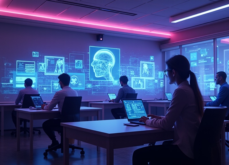 Aula futurista con múltiples asistentes de IA holográficos