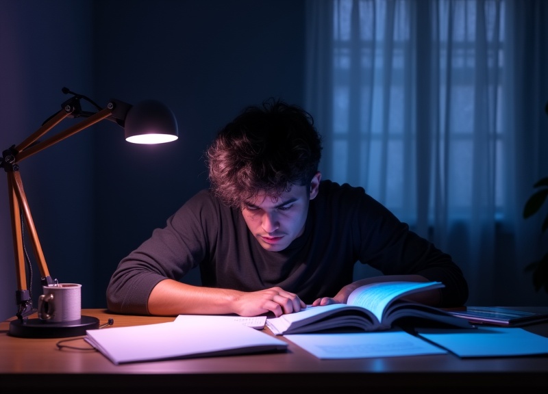 Estudiante preparando la selectividad con intensidad en su escritorio