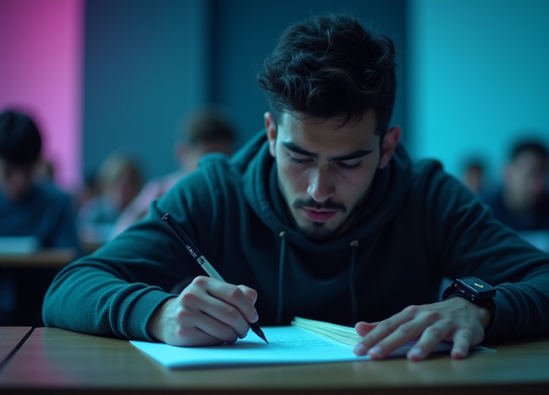 Estudiante realizando un examen con determinación