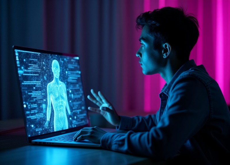 Estudiante interactuando con un tutor de IA holográfico