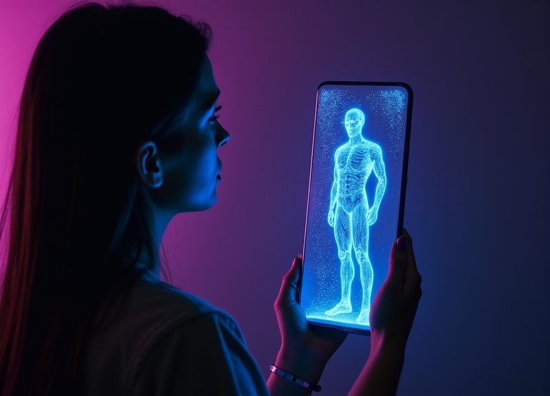Mentor virtual de IA holográfico emergiendo de un smartphone