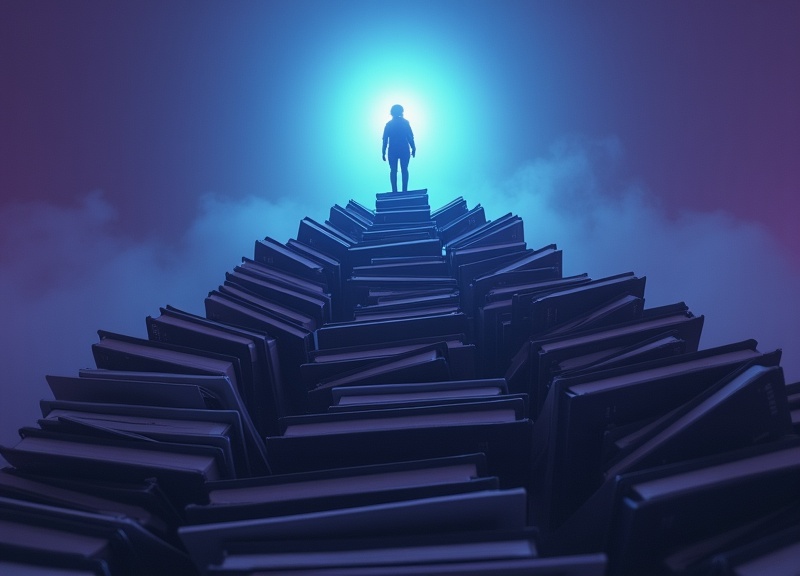 Estudiante escalando una montaña de libros hacia la luz del éxito